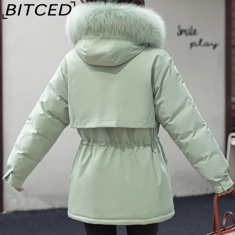BITCED Women's Mid-Length Drawstring Cotton Coat with Fleece Lining Loose-Fit Puffer Jacket with Down-Fill Cotton Padding Winter Outerwear