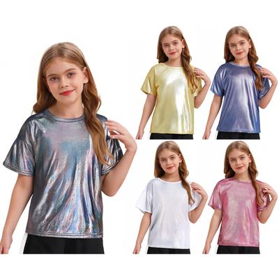 Unisex Kinder Glitzerndes Jazz Performance Top Metallic Glänzendes T-Shirt Tanzübungsbekleidung