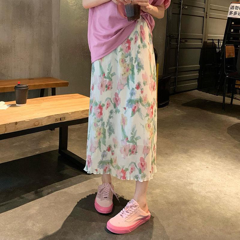 Falda de longitud media de temperamento suave para mujer, falda ajustada de cintura alta con flores trituradas, talla grande