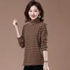 Women's Plush Striped High-Neck Base Layer Top - Long Sleeve, Plus Size, for Autumn/Winter, Middle-Aged Mom, Thick Velvet Inner Layer.