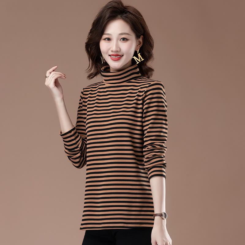 Women's Plush Striped High-Neck Base Layer Top - Long Sleeve, Plus Size, for Autumn/Winter, Middle-Aged Mom, Thick Velvet Inner Layer.