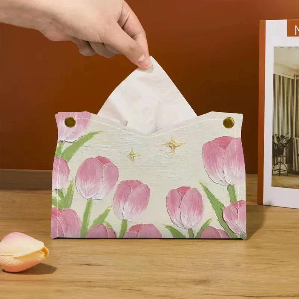 

Creative PU Leather Tissue Box Oil Painting Napkin Holder With Buttons Large Capacity Storage Desk Decoration Home Tissue Case