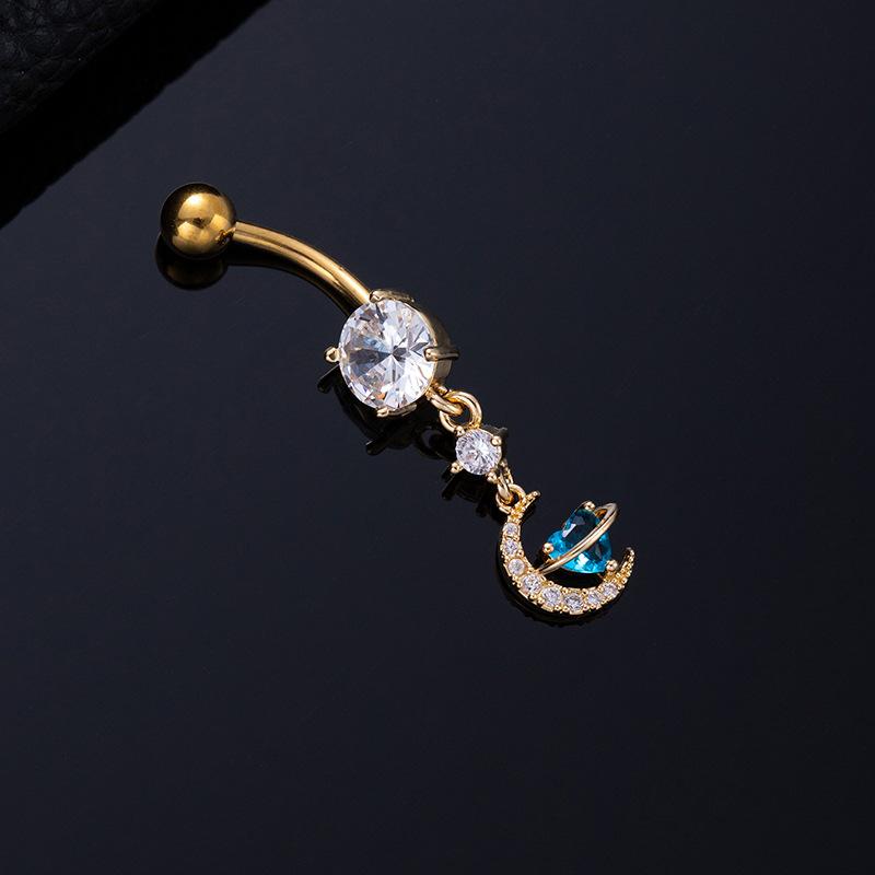 Colored Zircon Spiral Navel Nail Wind Star Moon Navel Ring Pierced Tassel Navel Buckle