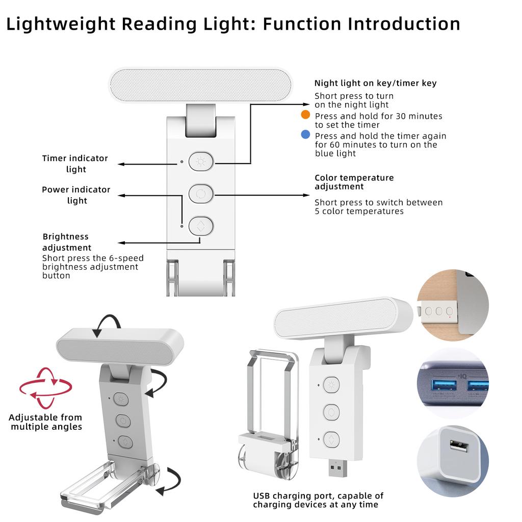 1PC USB rechargeable clip-on book light Desktop small reading light Portable night light for room decoration