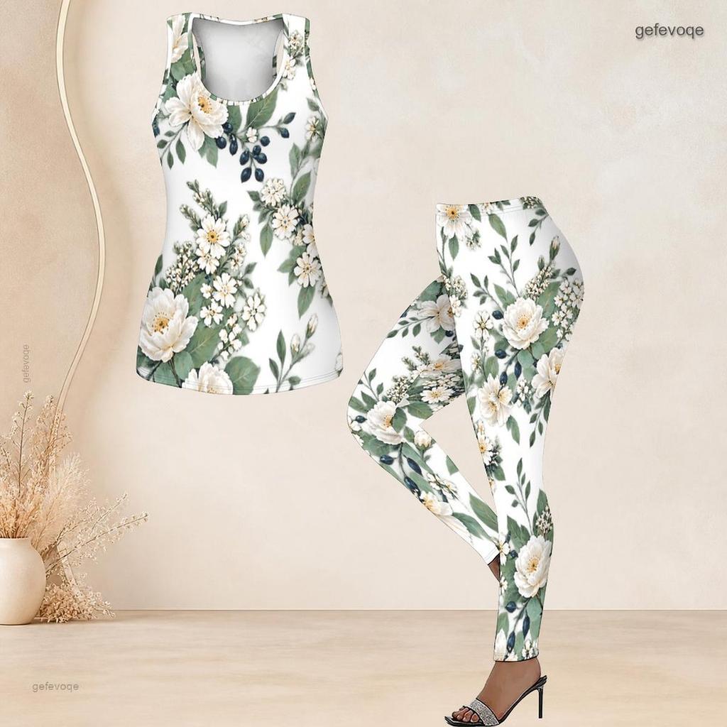 Women Plus Size Two Piece Set Scoop Neck Sleeveless Floral Printed Longline Tank Top Fitted Leggings