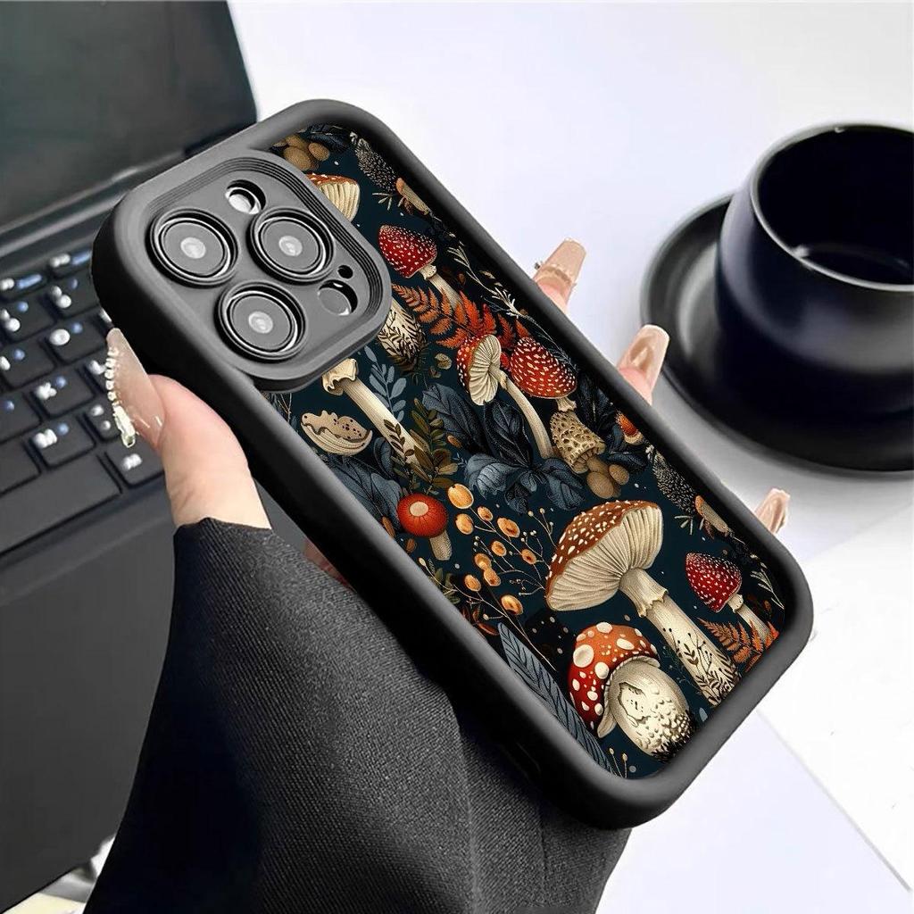 Black Grooved Floral Mushroom iPhone Case for 15/16/17 Pro Max