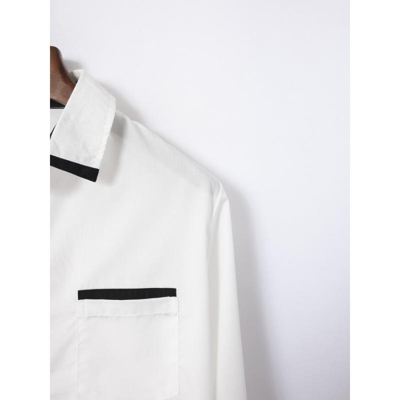 Spring Men's White Button Down Shirt with Black Placket and Cuffs Formal Blouse