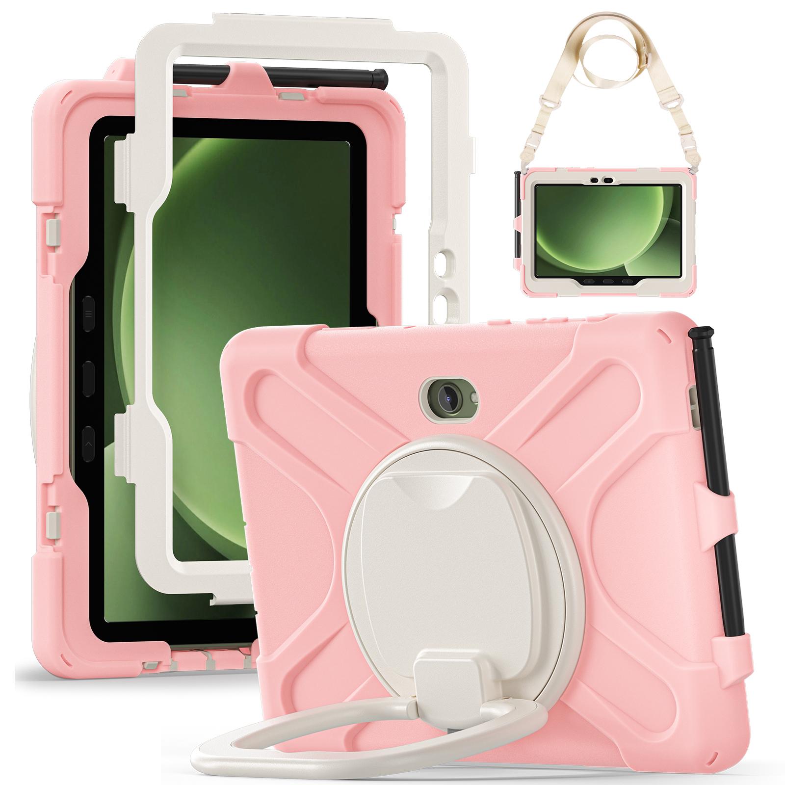 

For Samsung Galaxy Tab Active5 Pro Case with Shoulder Strap TPU+PC+Silicone Kickstand Tablet Cover Pink