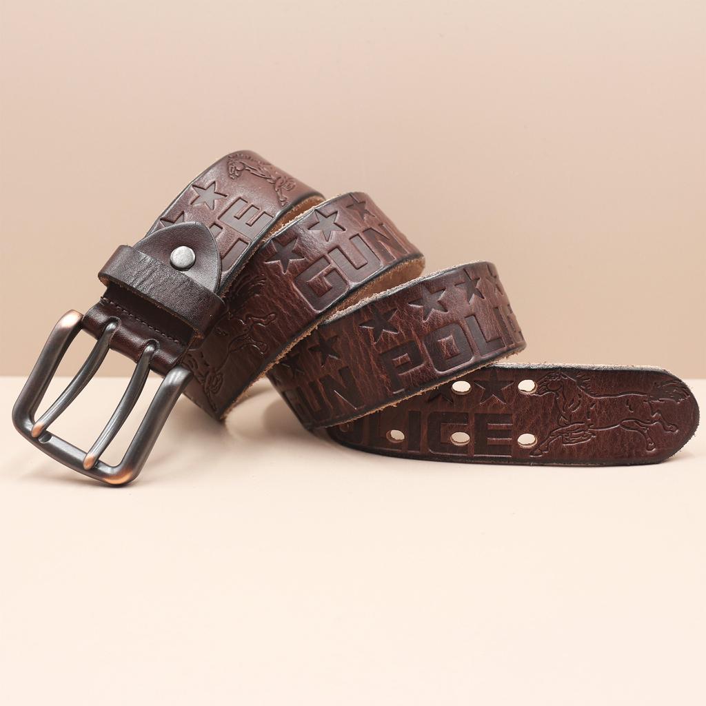 Men's Belt Genuine Leather Belt Double-pin Buckle Layer Cowhide Retro Youth Belt