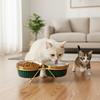 Set of 2 x 300ml double bowl for cat and dog on a stand, ceramic, gold ears, PetJet