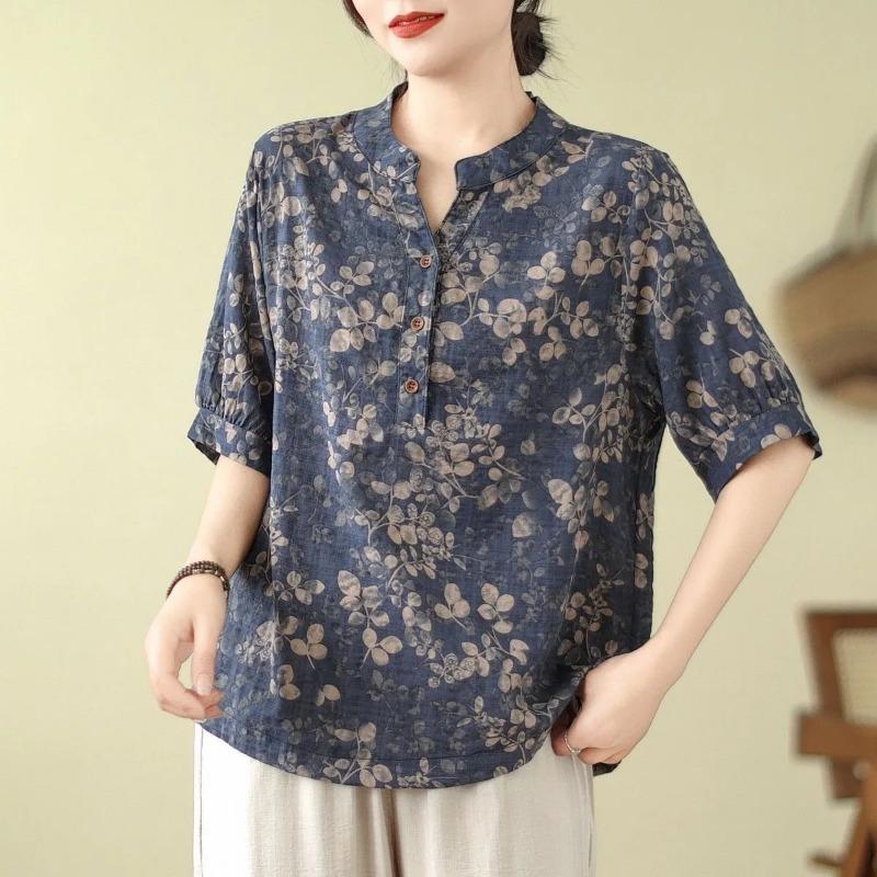Women Floral Print Mandarin Collar Half Placket Half Sleeve Linen Blend Blouse M