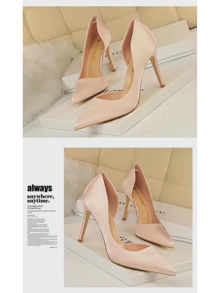 European & American Style Satin Stiletto Heels – Pointed, Shallow, Side Hollow Design for a Sexy Nightclub Look, Slim Fit Women's High Heels