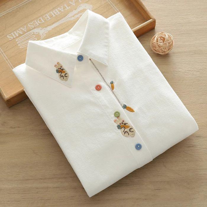 Women's Spring Embroidered Rabbit Radish White Blouse with Long Sleeves