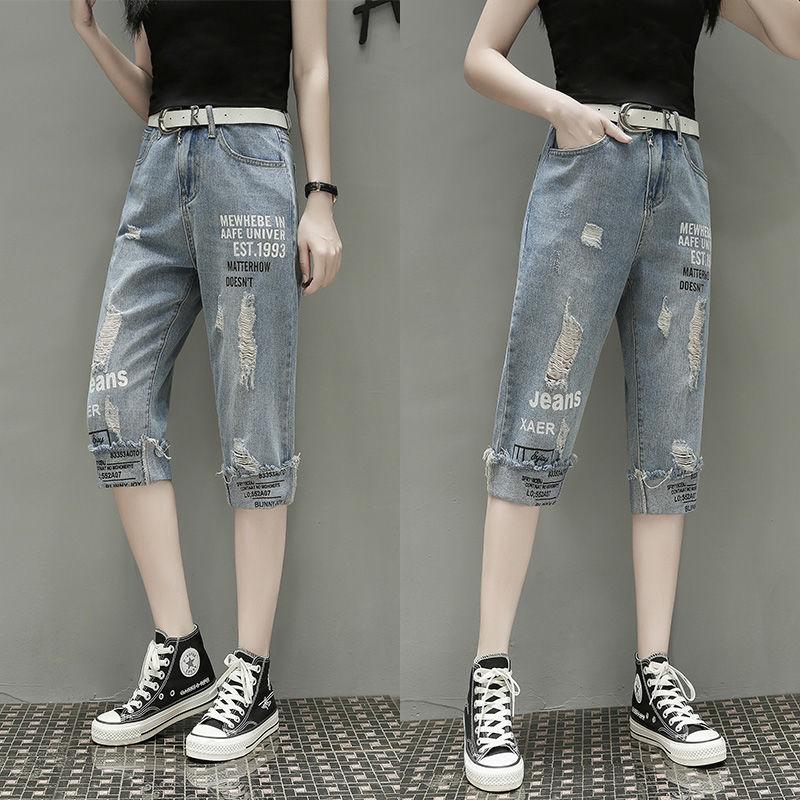 

Летние свободные и рваные укороченные брюки больших размеров с принтом, женские модные узкие прямые джинсы XXXXL