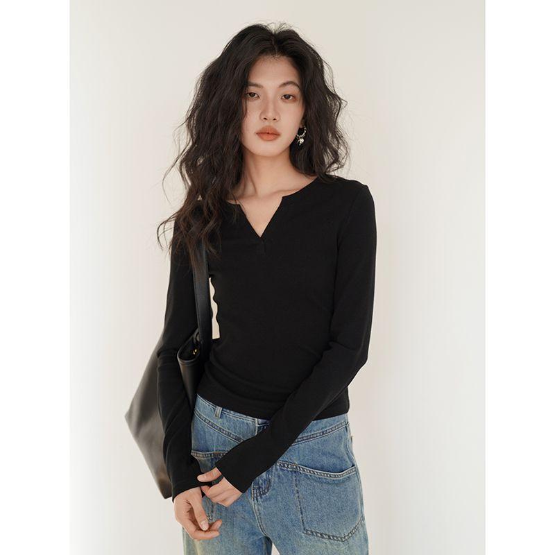 

2025 Новый серый V-образный вырез на плечах трикотажный базовый слой топы женские облегающие длинные рукава однотонные футболки корейская повседневная модная одежда XL чёрный