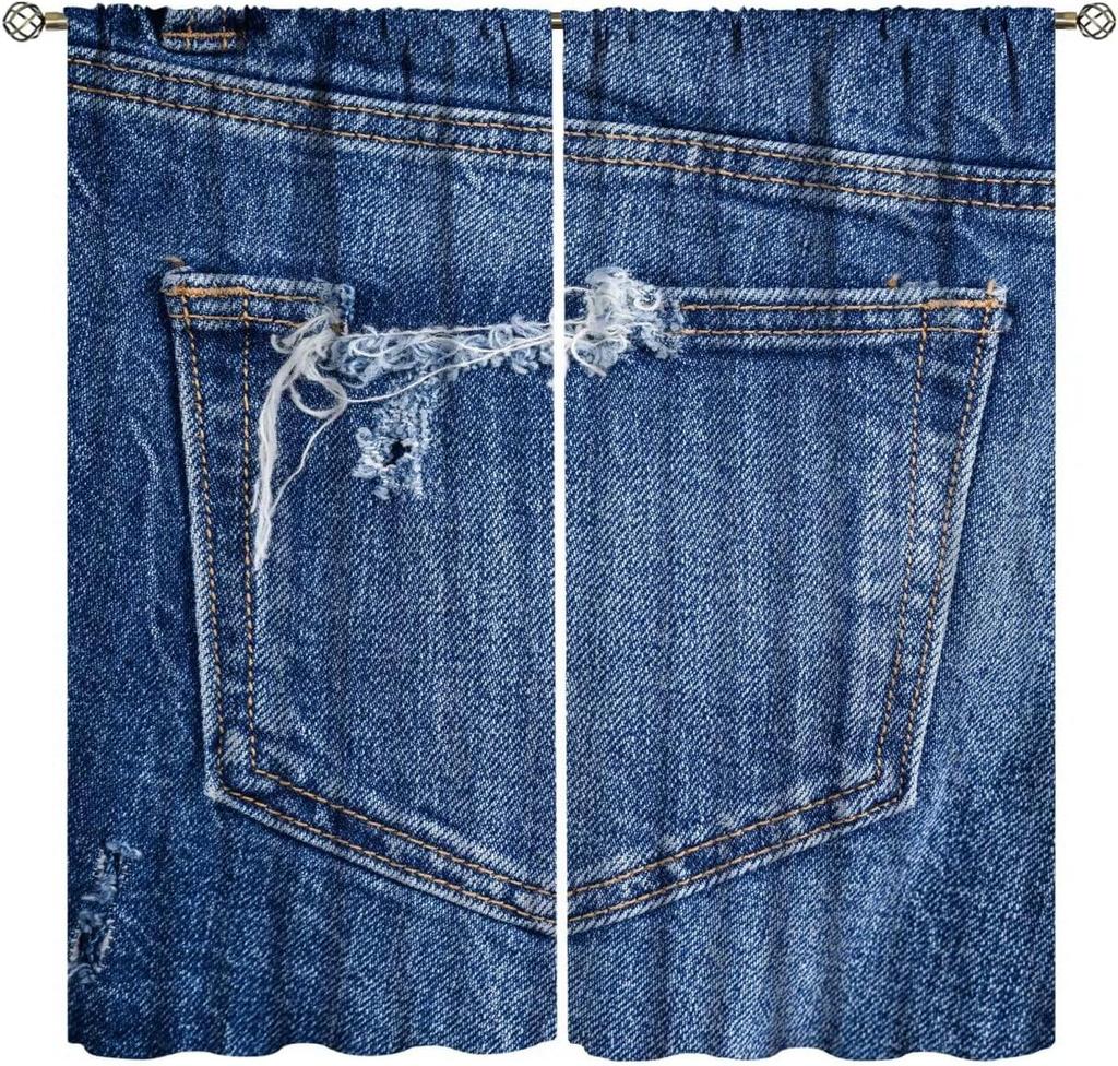 Modern Jeans Curtains Denim Retro Western Cowboy Style Design Art Print Curtain Bedroom Living Room Home With Rod Pocket Polyester Perfect For Area