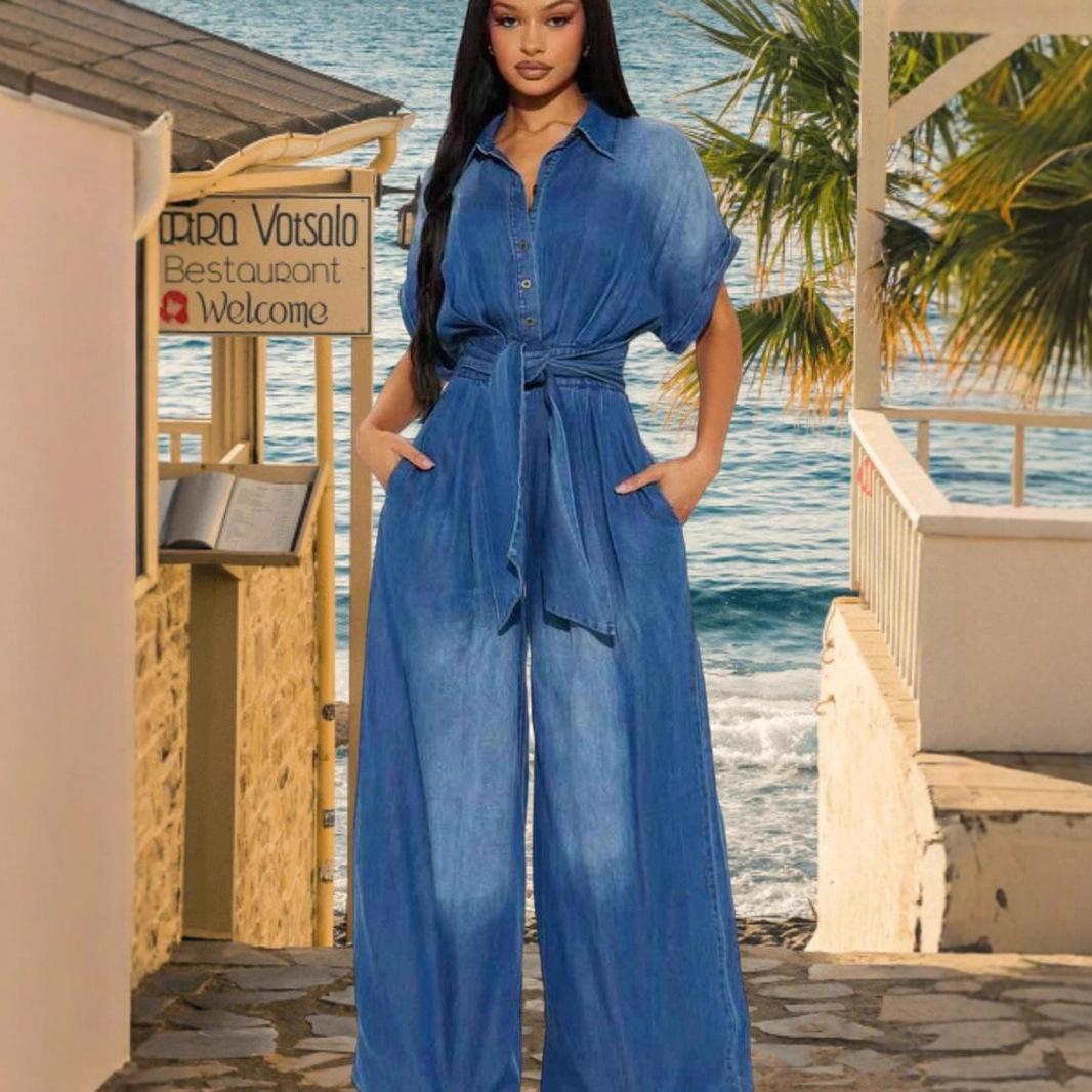 Women s Lapel Three Quarter Sleeve Denim Jumpsuit Loose Fit Wide Leg Beach Romper S