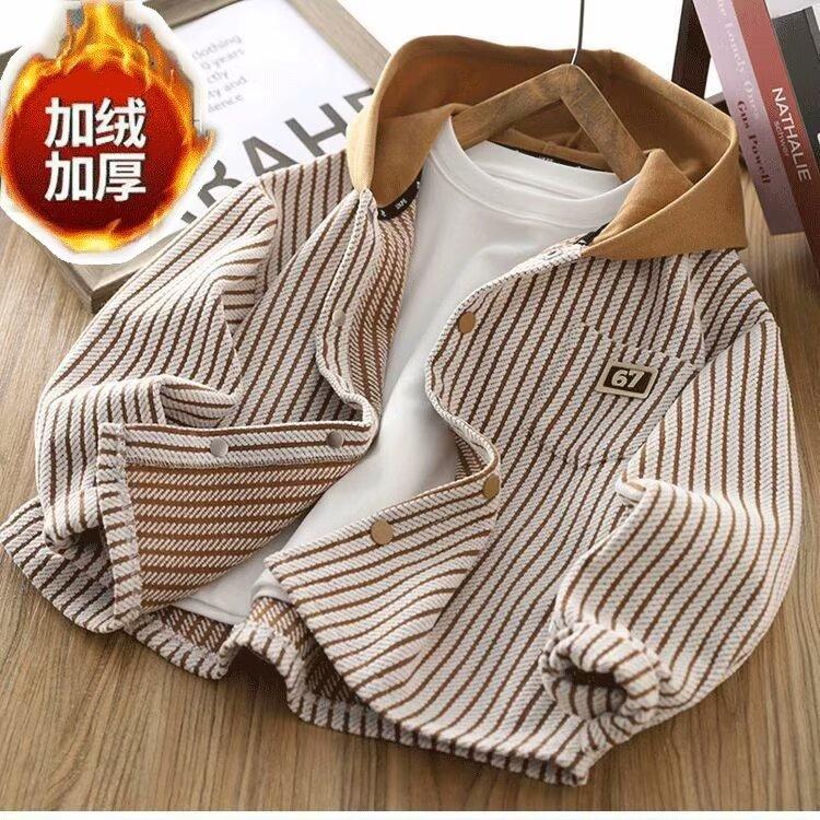 Boys Striped Hooded Shirt Jacket Spring Autumn Kids Cool Casual Top Outerwear 110