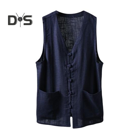 Men Summer Vest Single-breasted Retro Chinese Style Knot Buttons Loose Sleeveless V Neck Patch Pockets Pure Color Casual Top