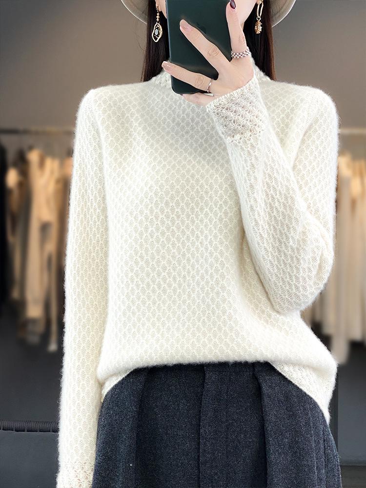 Women's 100% Wool Knitted Semi-High Neck Sweater - Thick, Loose, Slimming Autumn/Winter Wear