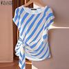 ZANZEA Women Casual O-neck Stripe Print Loose Short Sleeve Blouse