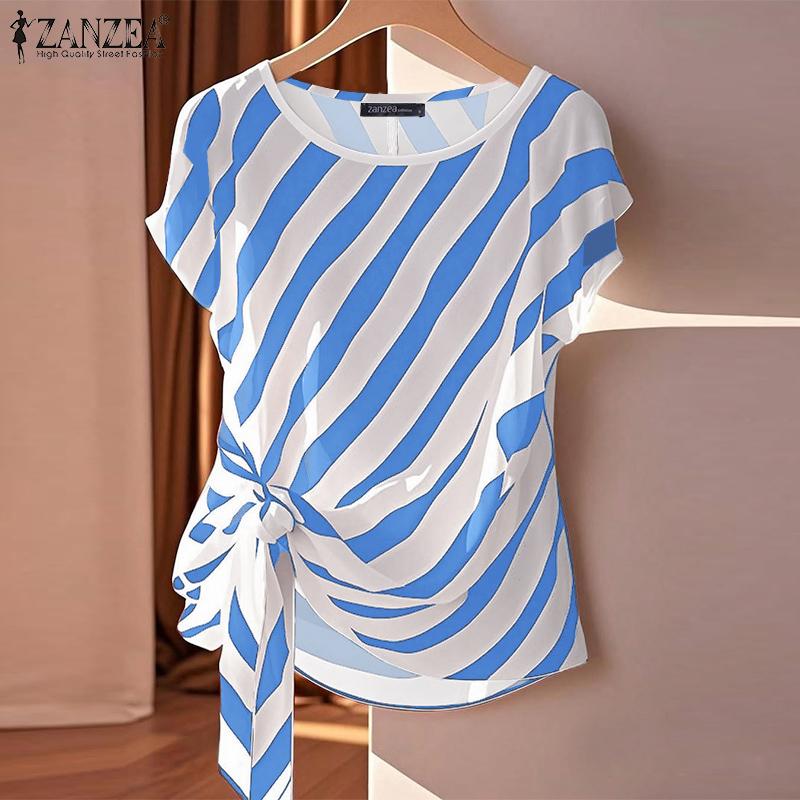 ZANZEA Women Casual O-neck Stripe Print Loose Short Sleeve Blouse