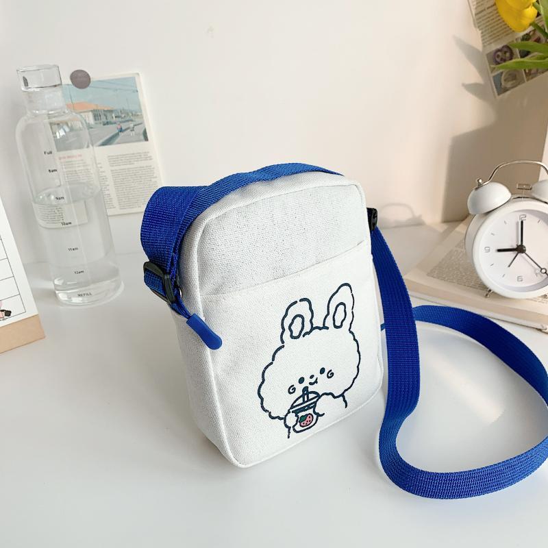 Black Canvas Crossbody Bag Kawaii Cartoon Bunny Print Fashion Casual Tote Bag for Teens School Commute Daily Shopping