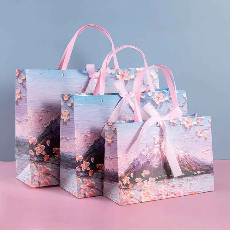 Snow Mountain Cherry Blossom Gift Bag, Exquisite Cosmetics Handbag, Bow Packaging Shopping Bag