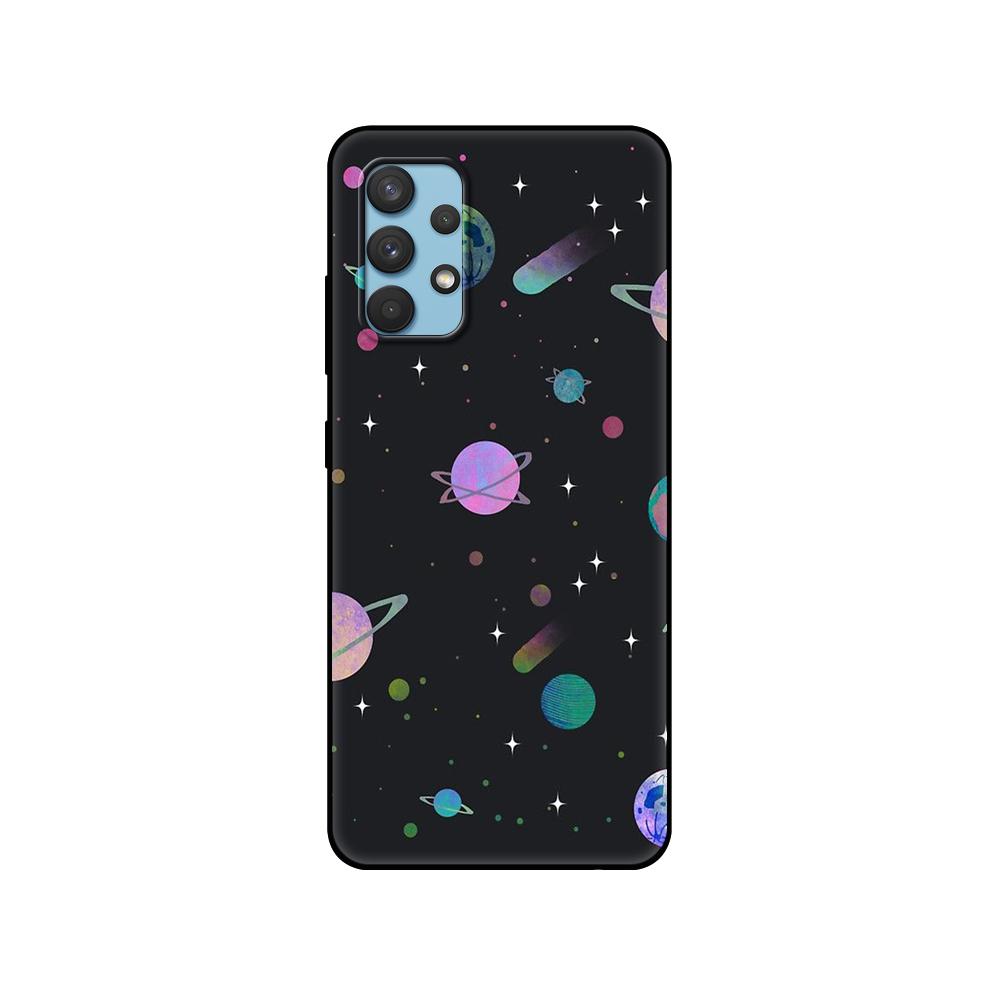 Black Tpu Case For Samsung Galaxy A12 A22 A32 A42 A52 A72 4g 5g S21 PLUS Ultra Back Cover Space Spaceship Stars and Moon