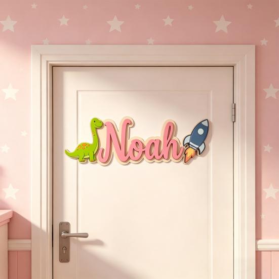 Cartello Personalizzato con Nome per Bambini Dinosauro Razzo Cartello in Legno per Porta per Ragazzi Nome Personalizzato Decorazione da Appendere per Cameretta Asilo Nido Camera da Letto Asilo Nido Sala Giochi