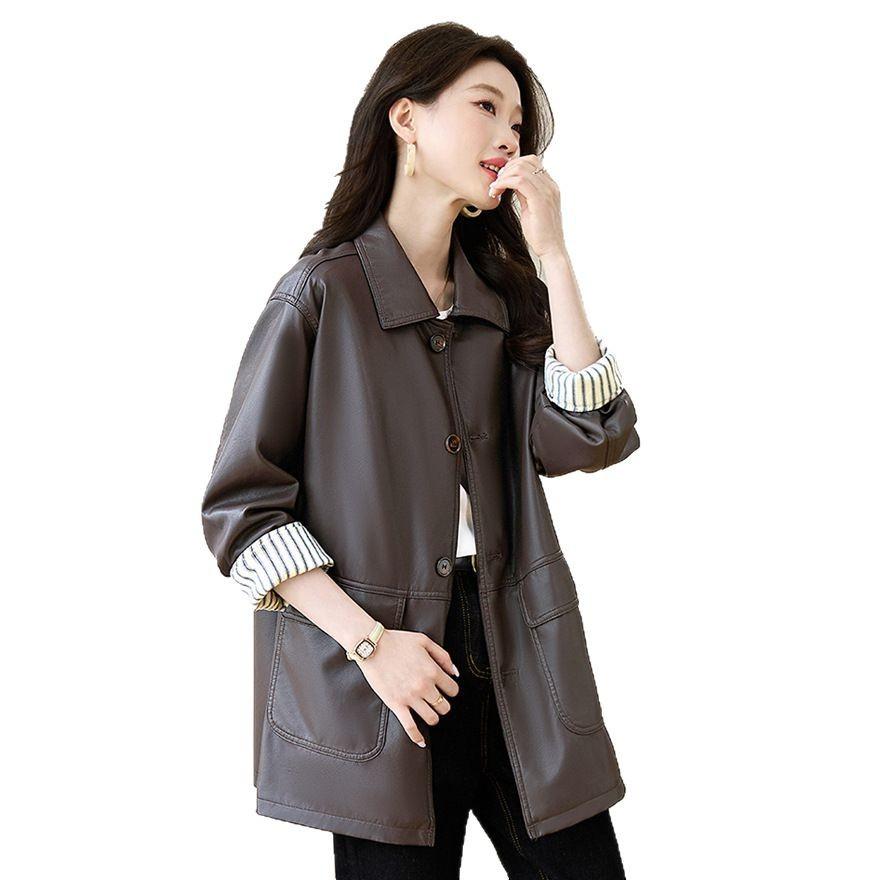 Coffee Lapel Leather Jacket Women's Spring New Fashion Jacket