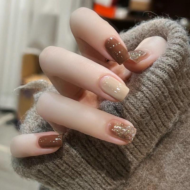 24Pcs Short French Tip False Nails Shimmer Ballet Nail Art Full Cover Sheer Press On Manicure Tips For Girls Daily Wear