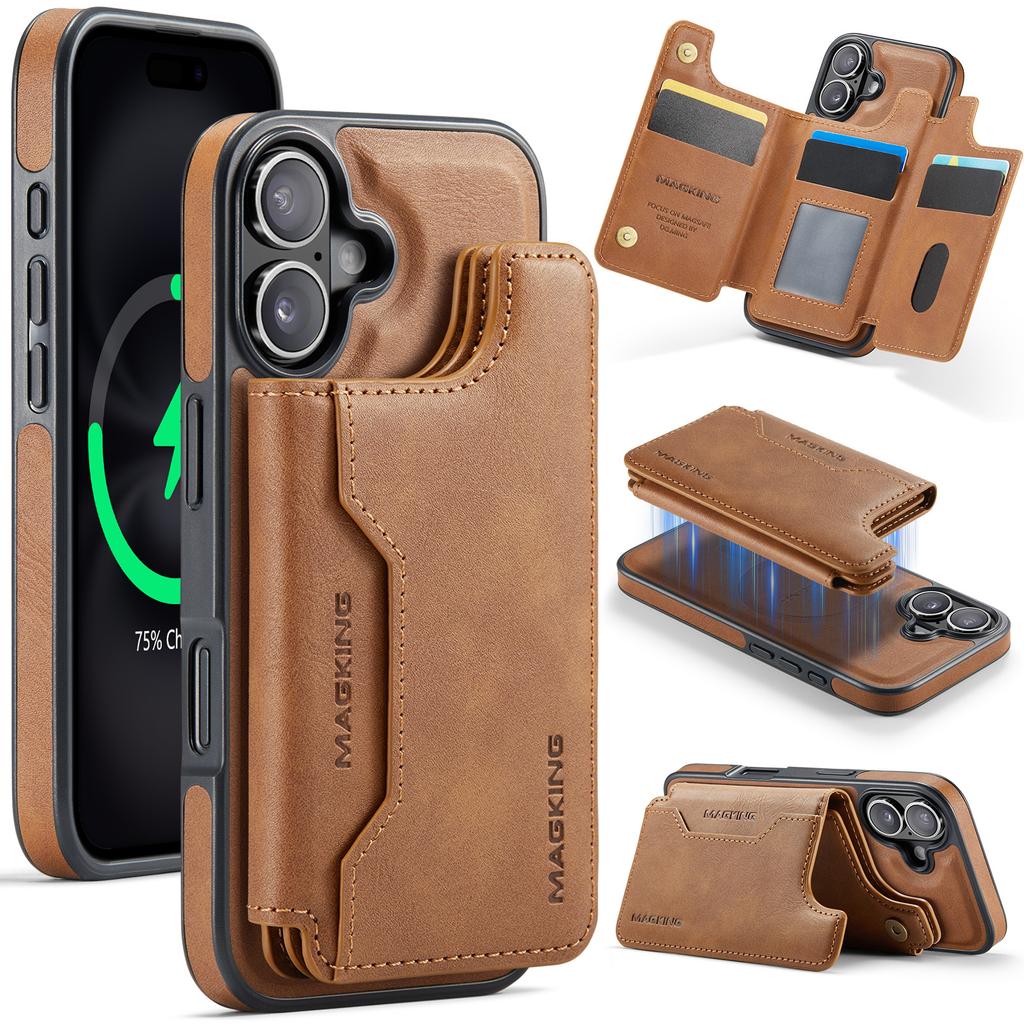 MAGKING K3 Series For iPhone 16 Case Compatible with MagSafe Wallet PC+TPU+PU Phone Cover