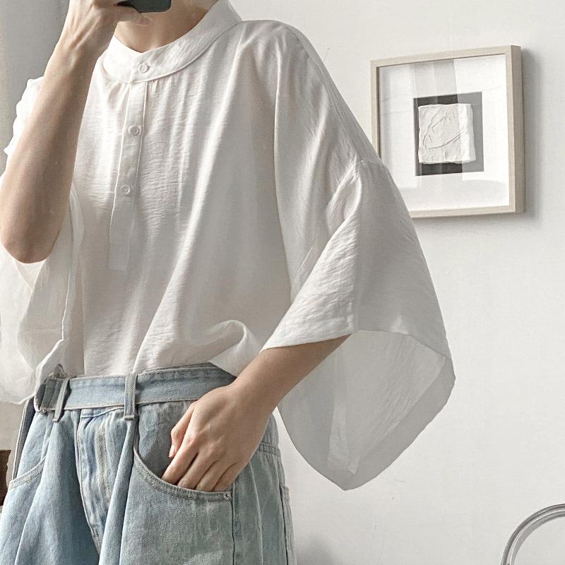 Women's Men Summer Thin Japanese Stand-up Collar Short-sleeved Shirt Design Sense Niche Loose T-shirt Bat Sleeve Five-point Sleeve Top