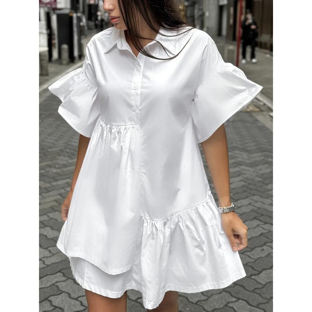 Summer and autumn European and American simple ruffle edge irregular design shirt skirt loose women s dress S белый