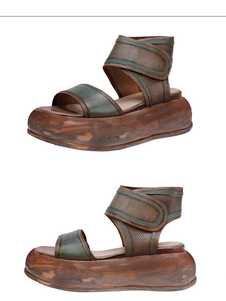 Johnature Genuine Leather Thick Sole Sandals Retro Soft Sole Handmade Women's Flat Platform Shoes