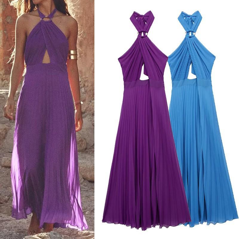 European American Women's Clothing Summer French Fashion Hanging Neck Backless Pleated Midi Dress