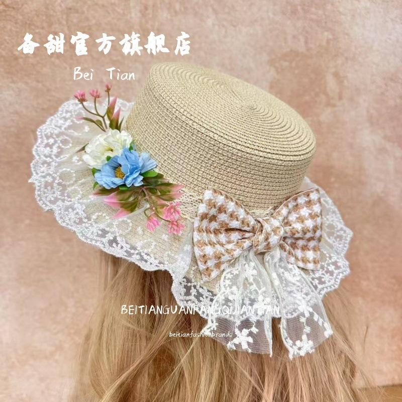Sweet Mori Sun Hat Pastoral Summer Lolita Hat Sunscreen Beach Lace Bow Ribbon Hat