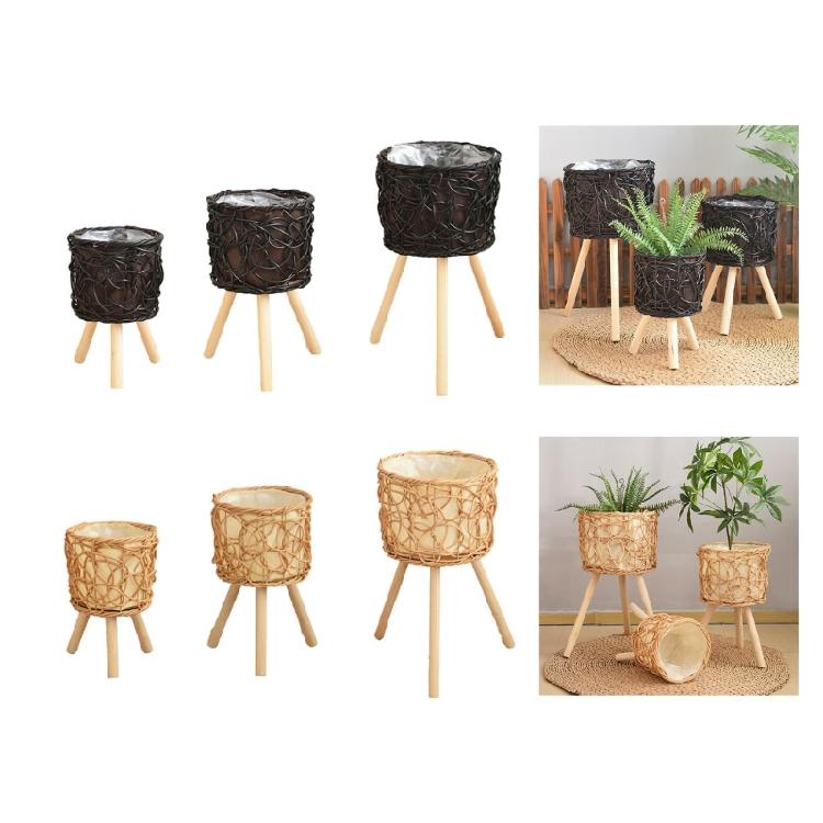 Wood Legs Plant Holder Stool for Home Decoration Stable Floor Planter Basket Woven Balcony Flower Pots Display Shelf