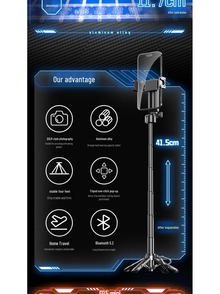 P15Mini 3v1 Bluetooth Selfie tyč: Proti otřesům, zatahovací a přenosný