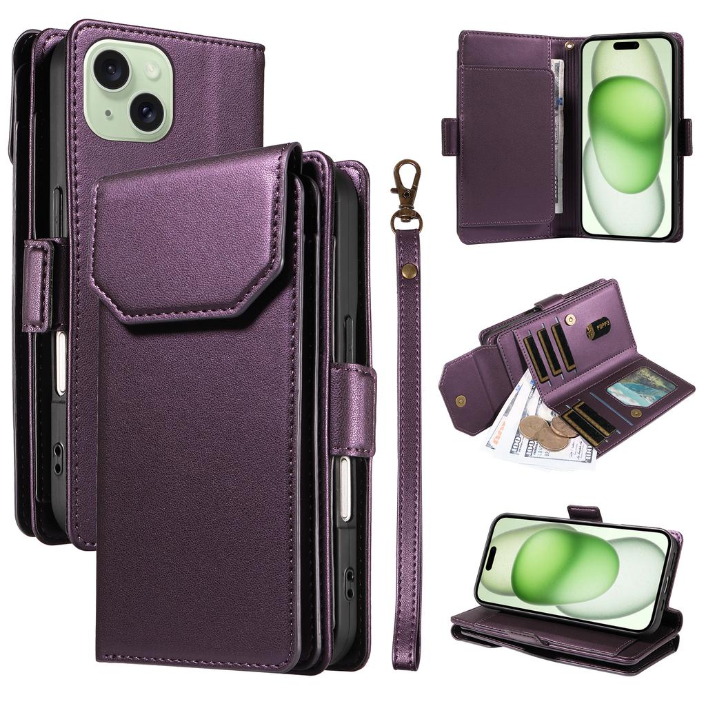 For iPhone 15 Plus Case with Multi-Card Holder and Strap PU Leather Phone Cover Stand