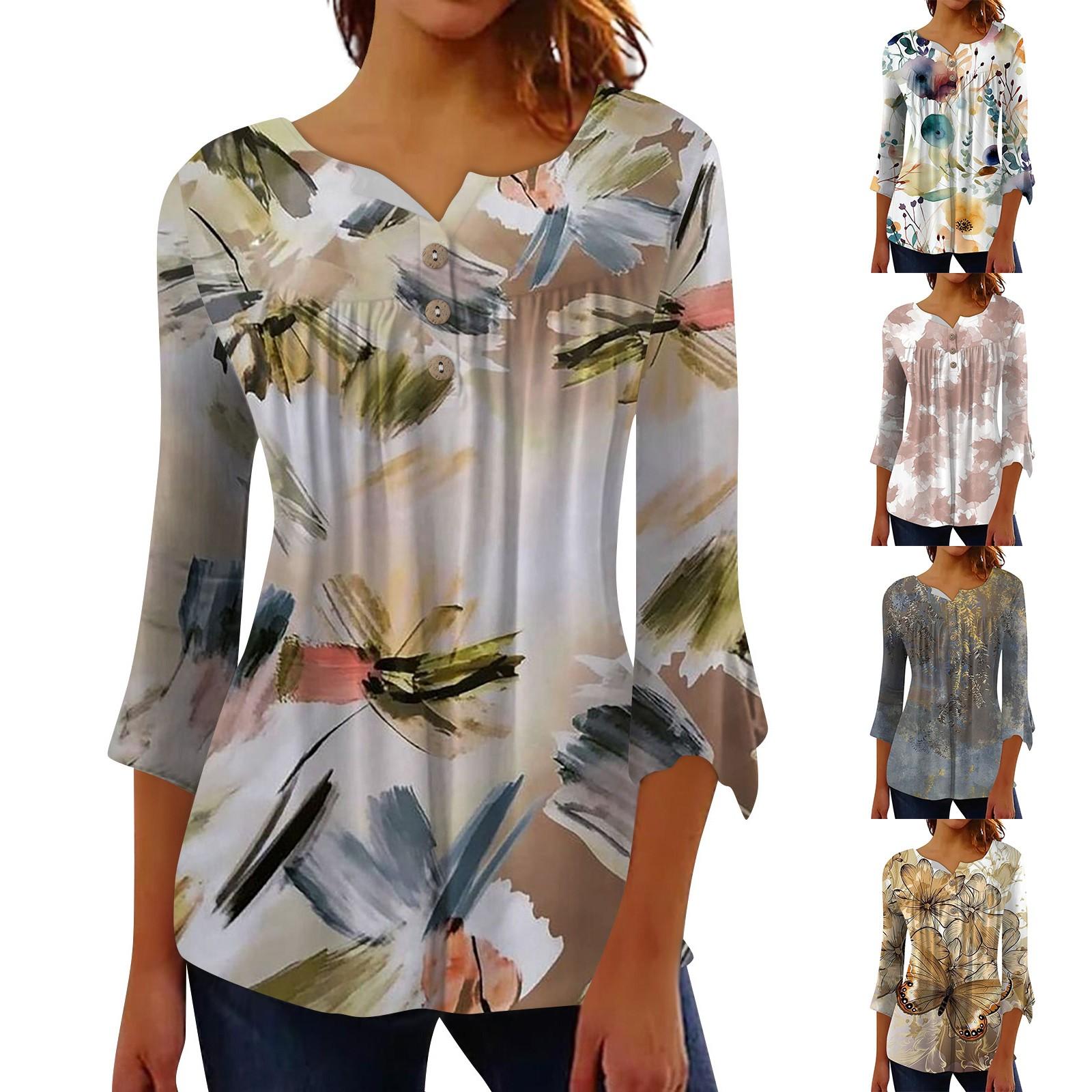 

Женская модная рубашка на пуговицах с цветочным принтом и букетом на талии, повседневная расклешенная рубашка с рукавами семь четвертей, топ