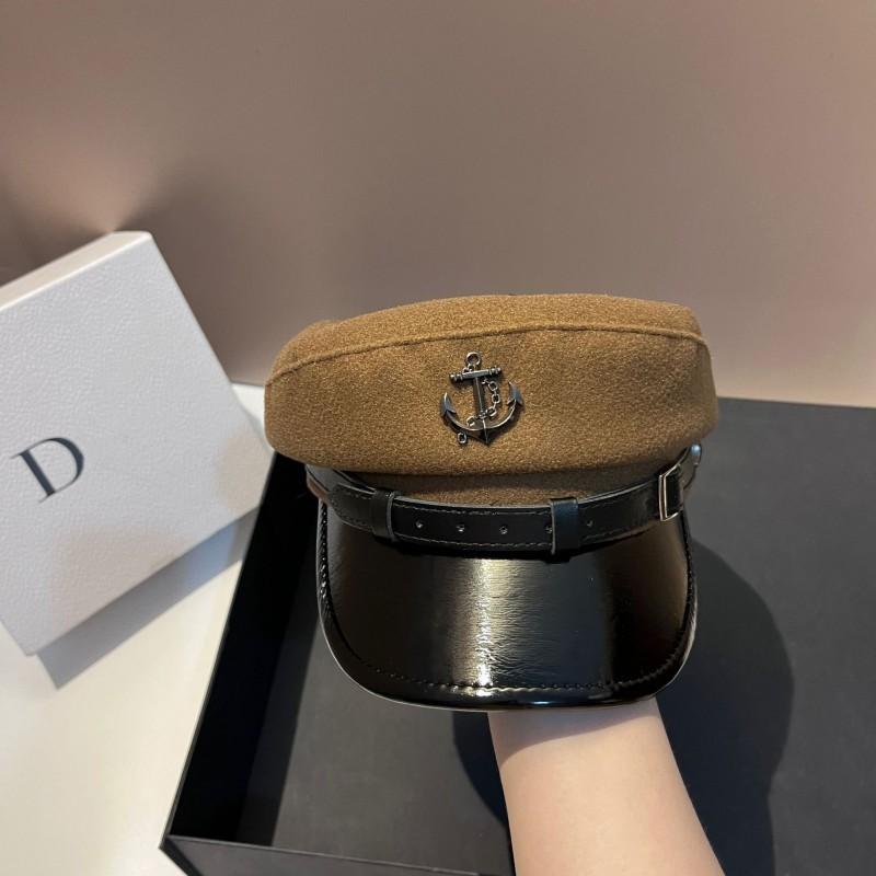 Wool Blend Navy Cap Leather Brim Stylish Age-Reducing Flat Top Hat Women