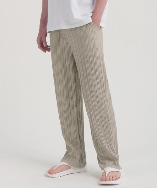 PIANER Semi-Wide Elastic Waist Pleated Pants (Beige)