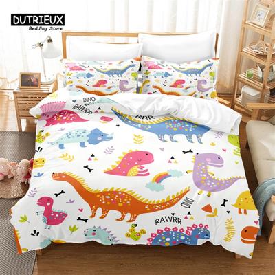 Cartoon Dinosaurier Bettwäscheset, 3-teiliges Bettbezugset, Weicher, bequemer, atmungsaktiver Bettbezug, Für Schlafzimmer, Gästezimmer-Dekor