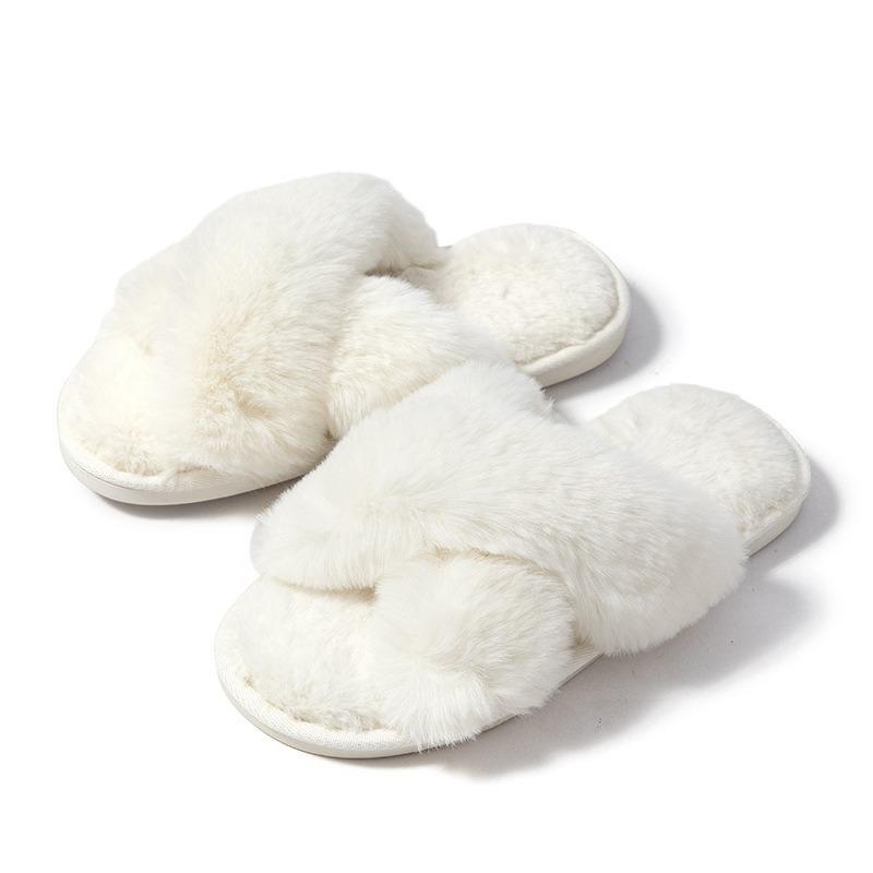 Winter Plush Cross-strapped Cotton Slippers Non-slip Indoor Soft Bottom Warm Fluffy Household Slippers Women