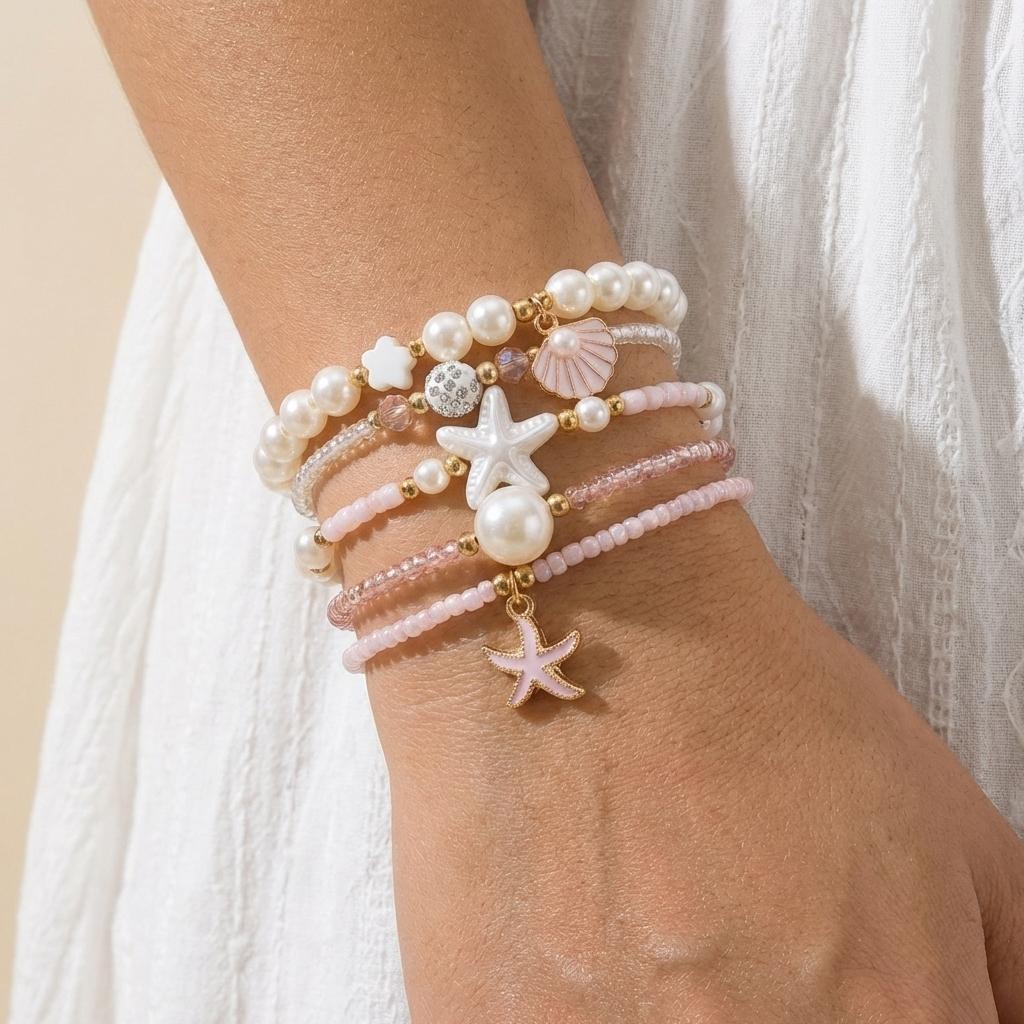 Dainty Shell Imitation Pearl Stretch Bracelets for Women Multilayer Starfish Beaded Stackable Hand Chain Vacation Jewelry Gift
