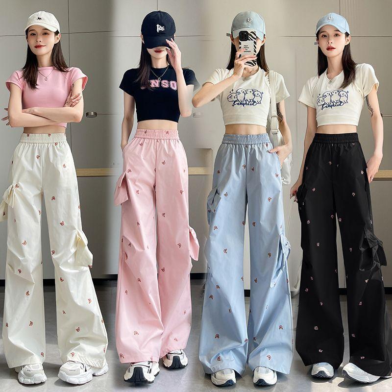 Street Fashion Sommer Cargo Hose Damen Neu Elastischer Hoher Bund Kleiner Bär Schleife Jugendliche Vitalität Lässig Locker Weitbeinige Hose
