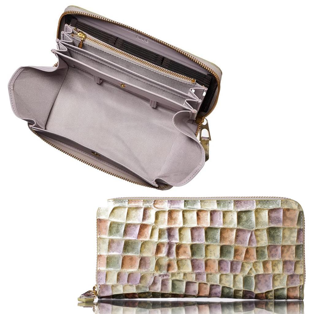 Rinle Women's Long Wallet, Large Capacity, Genuine Leather, Vertical Card Slots, Coin Slot, Easy to Use, Round Zipper, Enamel, Stained Glass Design,