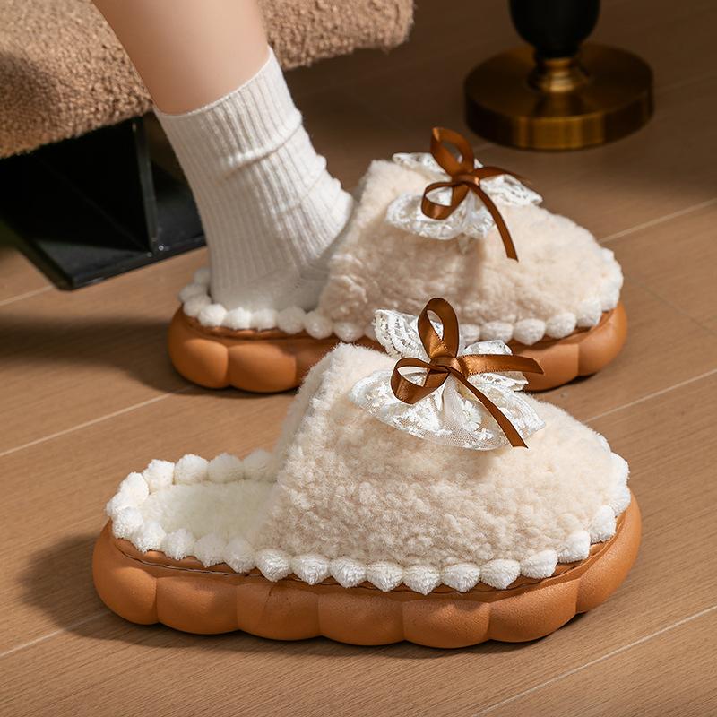 New bow cotton slippers autumn and winter home home non-slip and warm home home home thick-soled outer hair slippers